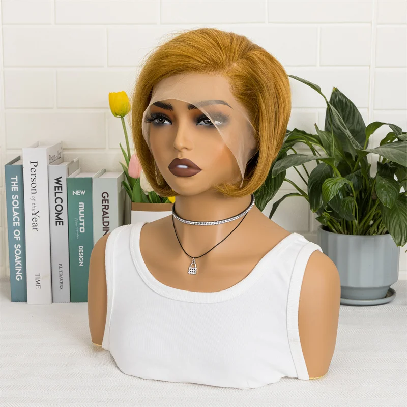 13x4 Lace Front Short Bob Pixie Cut Human Hair Wig for Women, Brazilian Real Human Hair, Ombre 30 Color, 150% Density Natural Looking Short Lace Wig