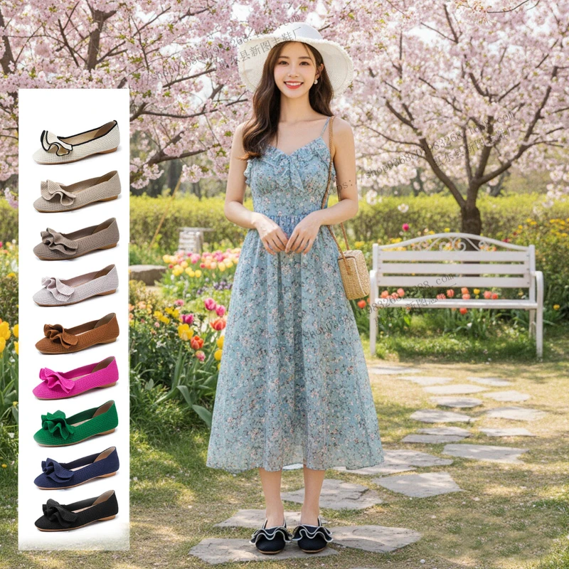 

Womens Multi Color Knit Ballet Flats Breathable Ruffled Slip On Shoes With Memory Foam For Casual And Office Wear Comfortable