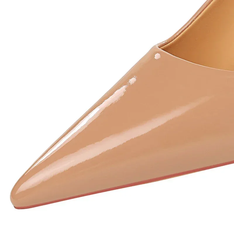 BIGTREE Fashion Women Simplicity Glossy Patent Leather 7cm Thin High Heels Pumps Shallow Pointed Toe Lady Shoes Red Nude Green