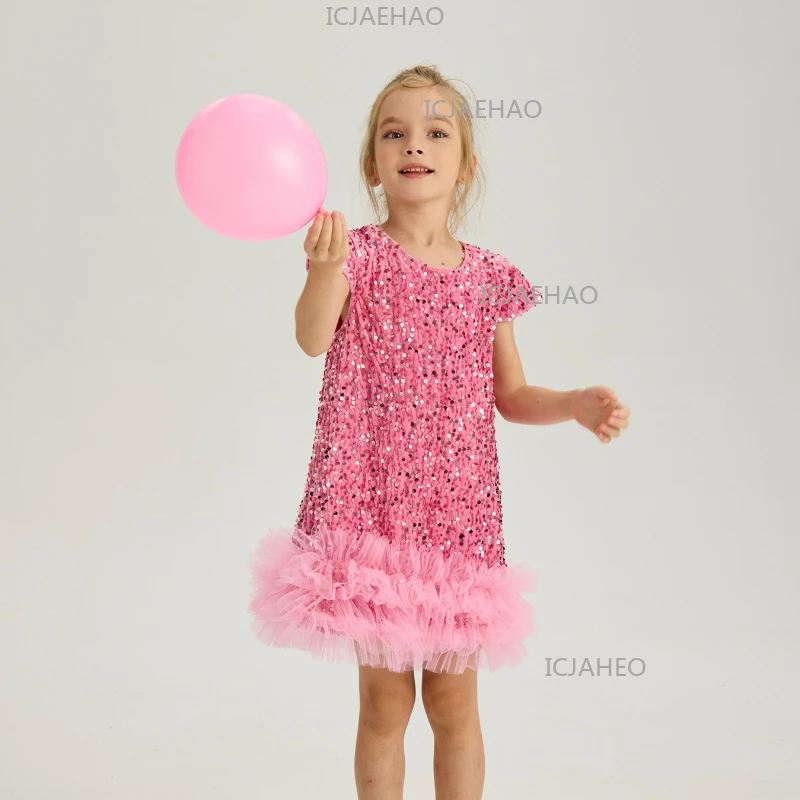 2026 Girls Sequin Princess Formal Pageant Gown Outfit Wedding Flower Girl Clothes Dress Birthday Party Host Performance Kids
