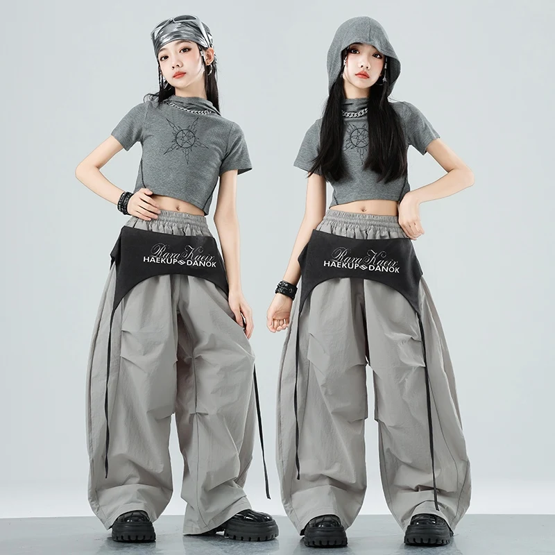 

Girls Team Clothes Jazz Dance Clothes Hip Hop Dance Costumes Short Sleeve Crop Top Cargo Pants Suit Street Dance Wear DQL10727