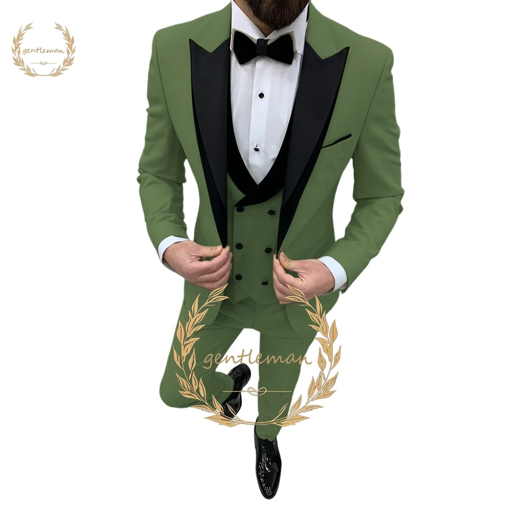 

Mens Wedding Army Green Black Peak Lapel Suit Business Casual Formal Wear Tailored Slim Fit 3 Piece Jacket Vest Pants