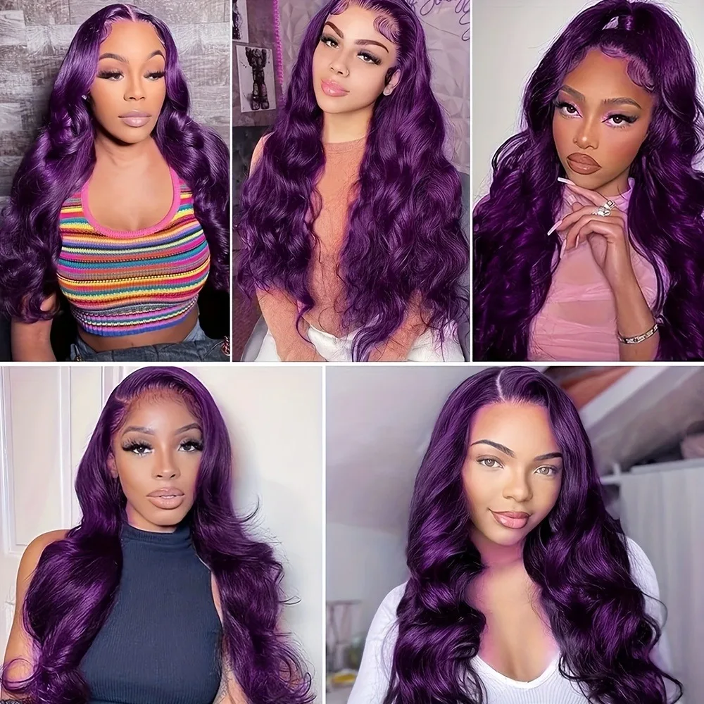 Peruca Sintética de Renda Frontal 32 Polegadas Roxo Escuro com Ondas Corporais 13x4 HD 180 Densidade Pré-Plucked Pronta para Usar