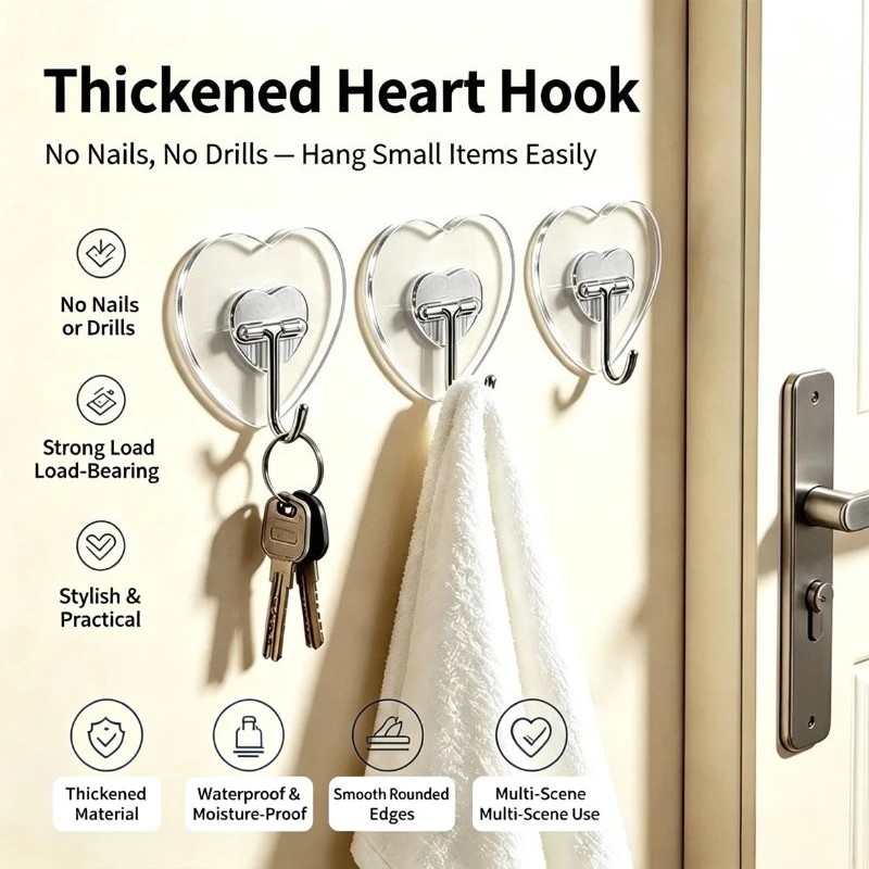 Heart Shape Transparent Hooks Non Punching Plastic Love Hangers Holder Self Adhesive Key Towel Multi-Purpose Hooks Storage Rack