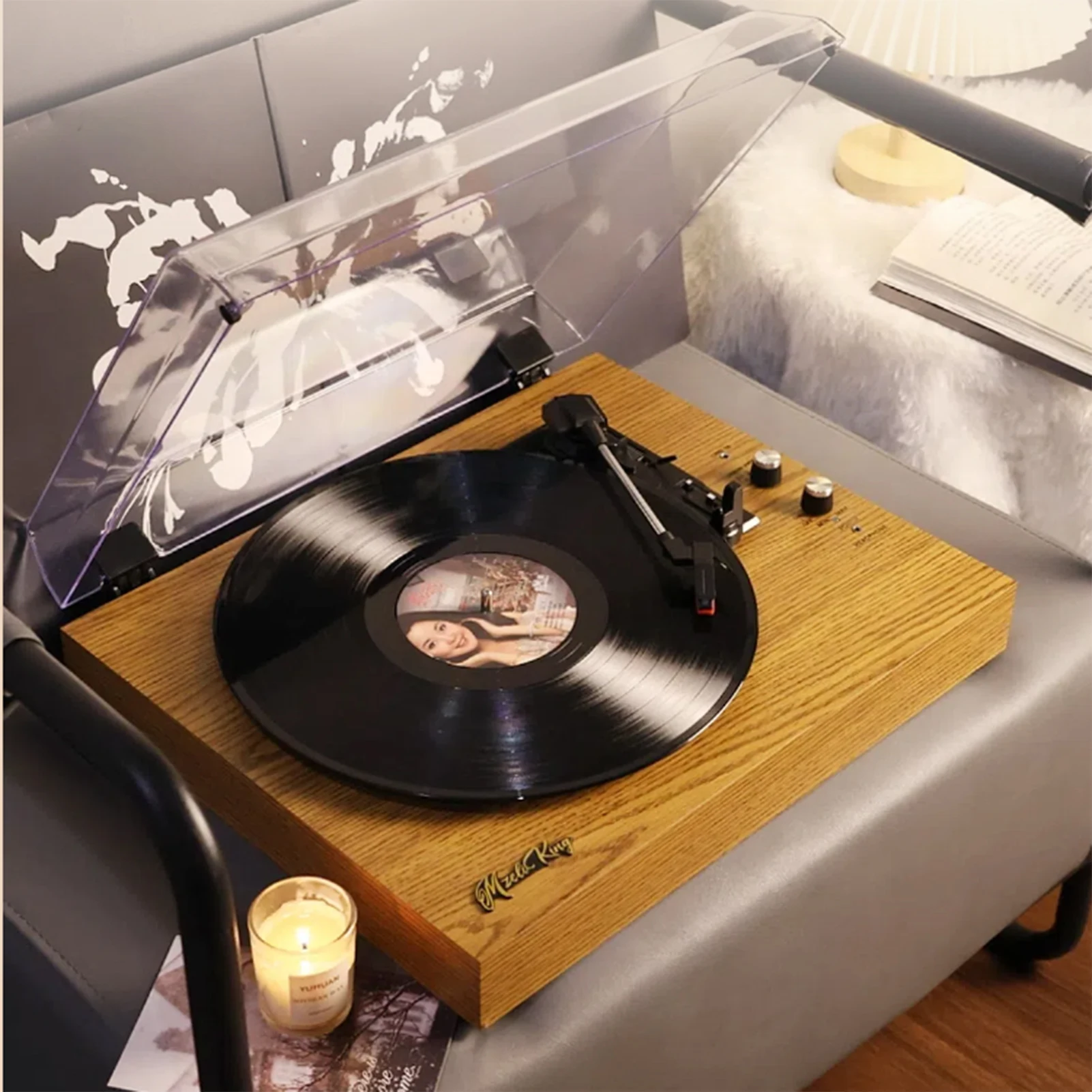 Retro Vinyl Record Player LP Turntable Portable Record Player Vintage Gramophone 3-Speed BT5.0 Wireless Speakers Line In Line