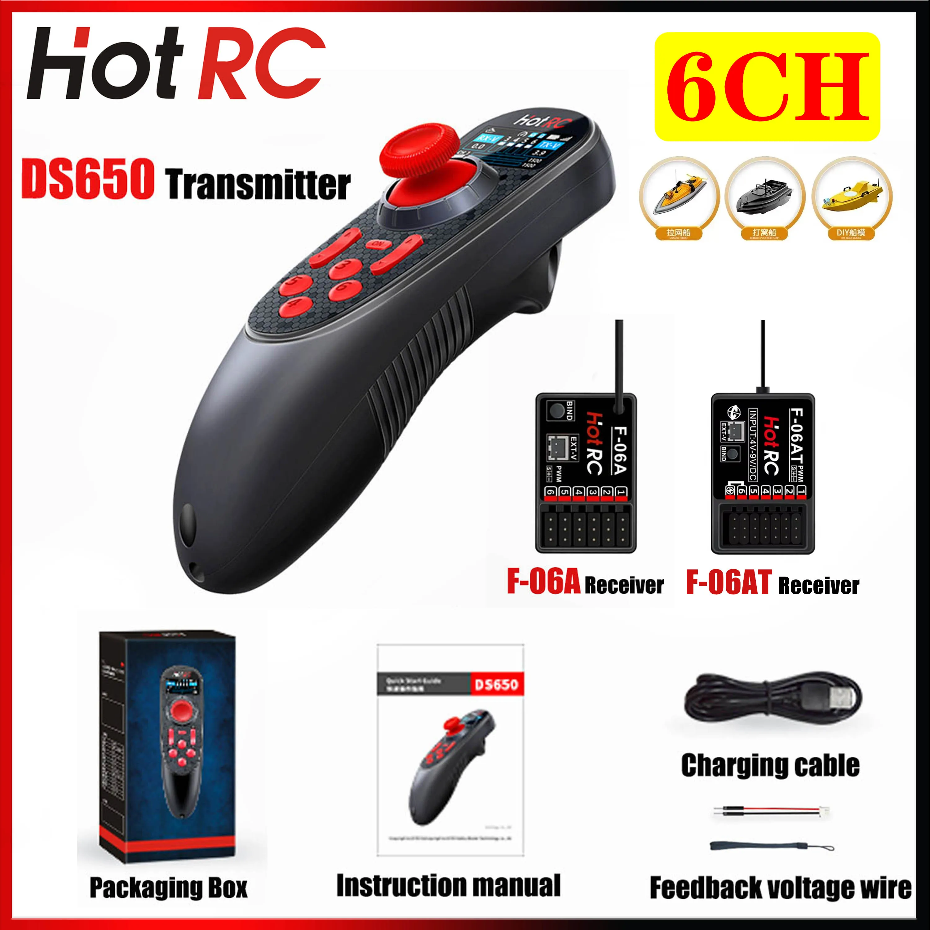 

HOTRC DS-650 6CH 2,4G радиосистема передатчик цветной экран с приемником возврата напряжения F-06A/F-06AT для обновления радиоуправляемой лодки DS600