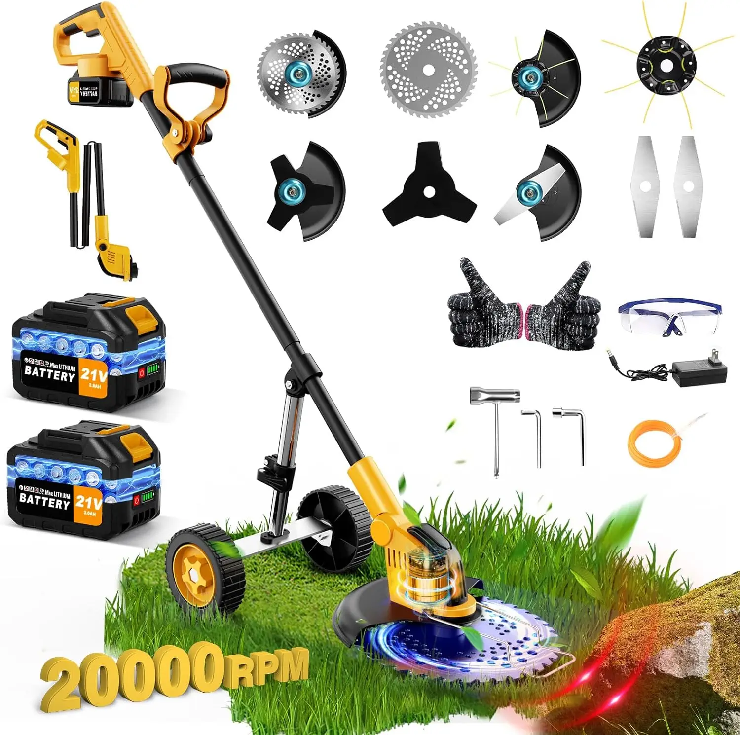

20000 RPM Heavy Duty Weed Wacker Cordless, Battery Powered Weed Eater Brush Cutter, 3-in-1 Grass Trimmer Stringless Weed Trimmer