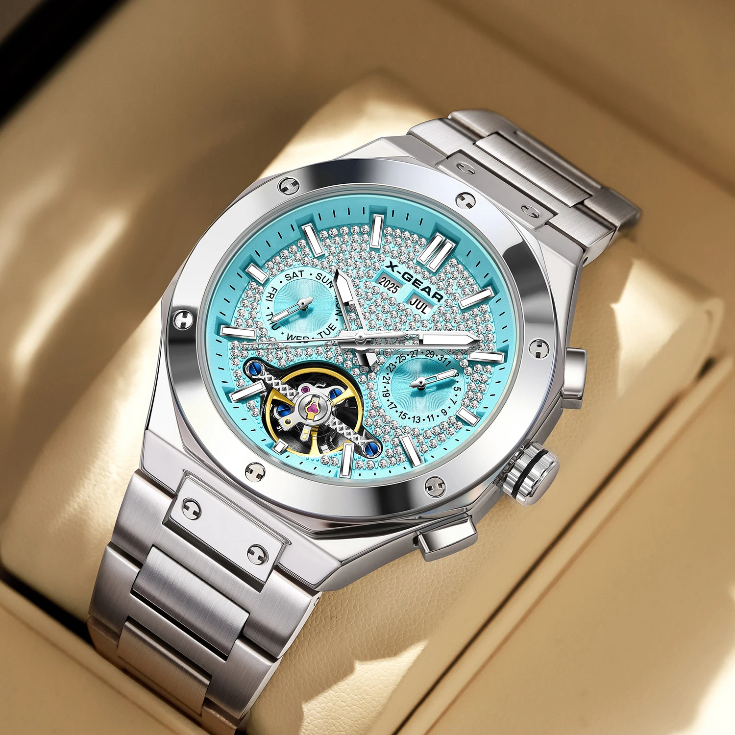 ساعة X-GEAR للرجال بحركة ميكانيكية مع قرص كبير وحزام من الفولاذ المقاوم للصدأ كاجوال/نمط الحفلات مضيئة ومقاومة للماء