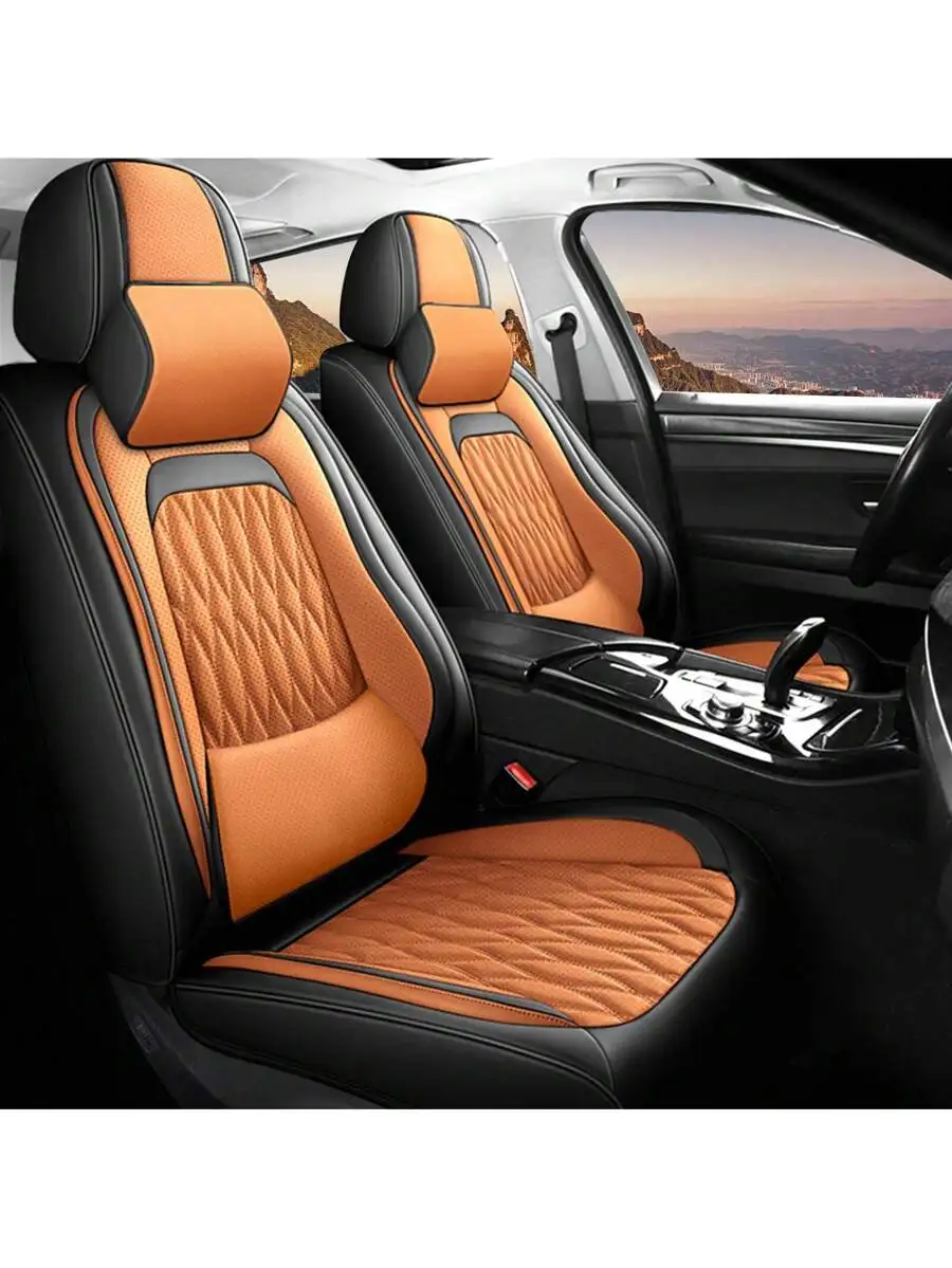 

Orange Nappa Leather Car Seat Covers Full Set 5 Seats Front Rear Split Bench Cushion Protector For Most Cars SUV Sedan