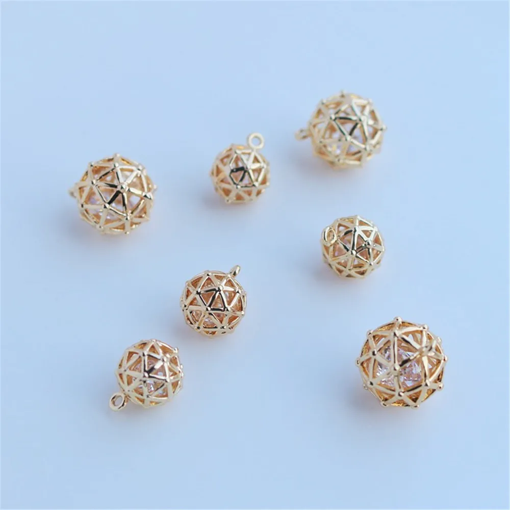 1pcs 14K Gold Package Hollow Ball Inside Zircon Pendant, Embroidery Ball, Hanging DIY Jewelry, Bracelet, Necklace, 8mm, 10mm