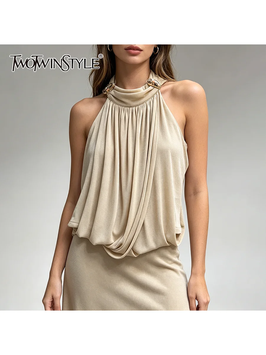 TWOTWINSTYLE Patchwork Folds Vests for Women Halter Sleeveless Spliced Metal Buckle Solid Tank Top Female Fashion Clothing 2026