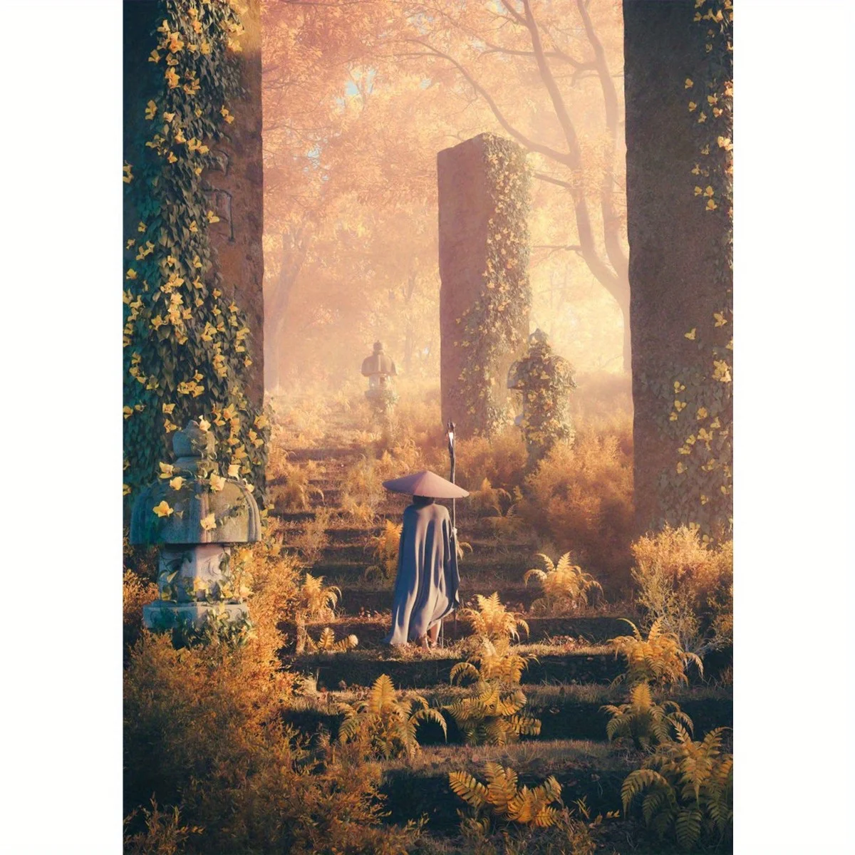 1pc FramelessCanvas Print - Serene Forest Scene with Staircase & Figure - Elegant Home Decor for Living Room or Bedroom