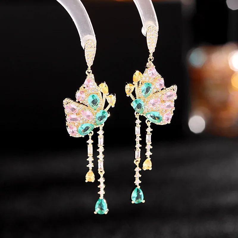 

Korean Version New Colorful Zircon Elegant Evening Ethnic Style Bridal Accessories Long Tassel Butterfly Earrings for W