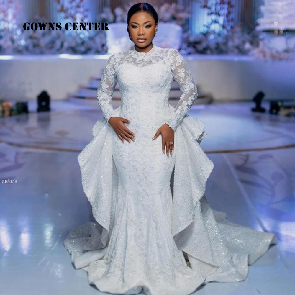 

Luxurious Aso Ebi Wedding Gowns For Women 2025 Long Sleeves Lace Applique Beads Sequin Mermaid African Bridal Gowns Customized