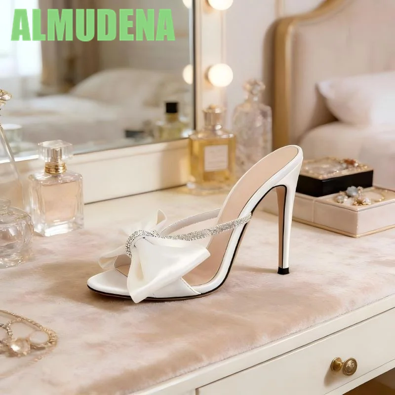 

Pointed Bow Studded Diamond Slippers Fashionable Sexy Simple Pointed Tip Wearing Style Silk Satin Wedding High-Heeled Sandals