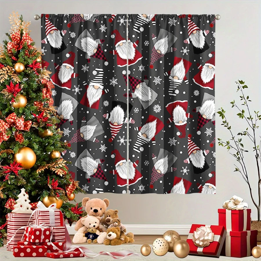 2PCS Christmas Winter Curtains, Christmas Gnome Plaid Hat Snowflake Gray Cartoon, Digital Print, Bedroom Living Room, Home Decor