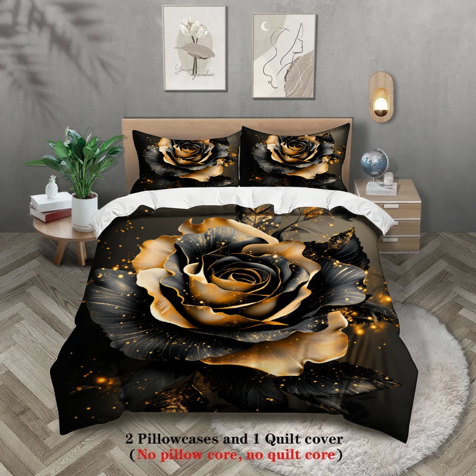 

Комплекты постельного белья с 3D-принтом роз, 3 шт., черно-золотые цветочные наборы пододеяльников с наволочками, без наполнителя, класса люкс, полноразмерные