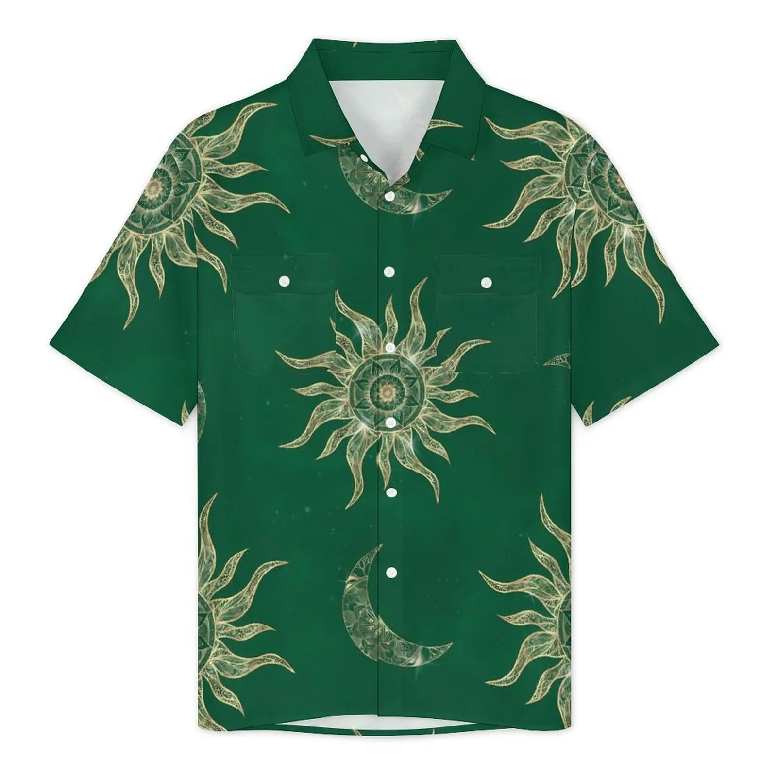 Gold Sun Moon Casual Shirt Mandala Green Novelty Summer Shirts Mens Short Sleeve Vacation Y2K Fashion Printed Oversize Blouses