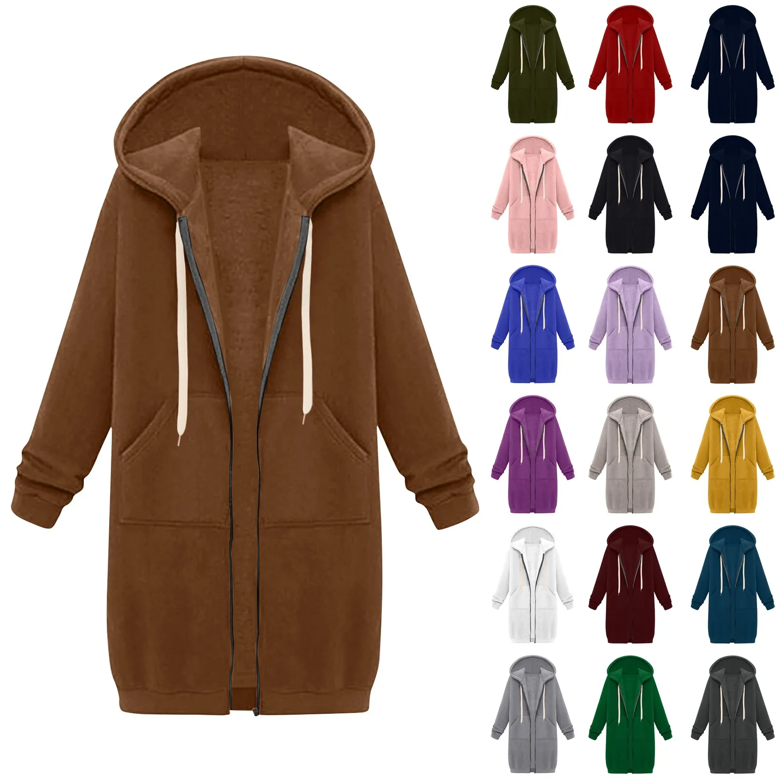 2024 New Women's Zip Up Hoodies Oversized Fleece Long Tunic Sweatshirts Casual Long Sleeve Fall Hoodie Pockets Solid Coat