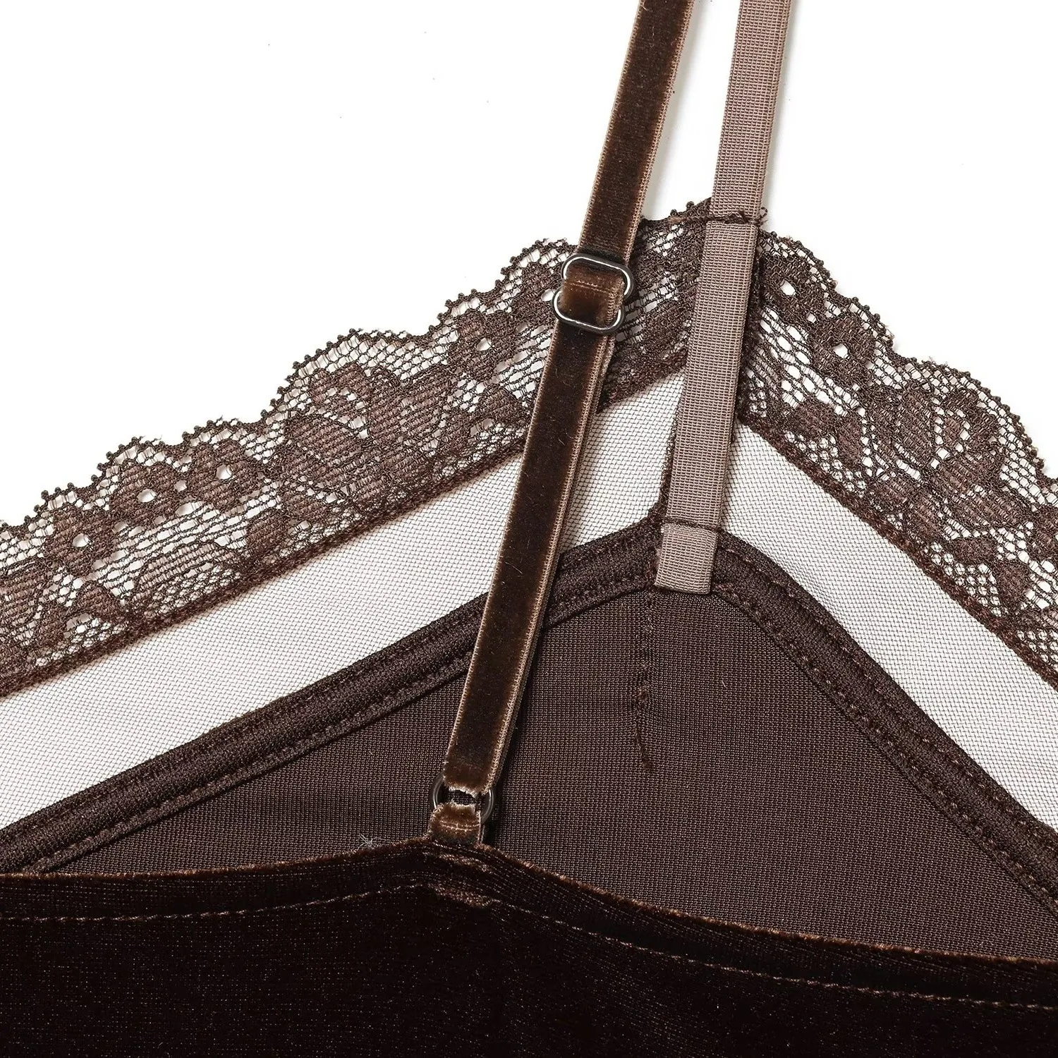 HH Damen Elegantes Samt-Top mit Spitzenbesatz V-Ausschnitt Ärmellos Spaghettiträger Rückenfreies Top Sommer Casual High-Street-Oberteil – Detail 9