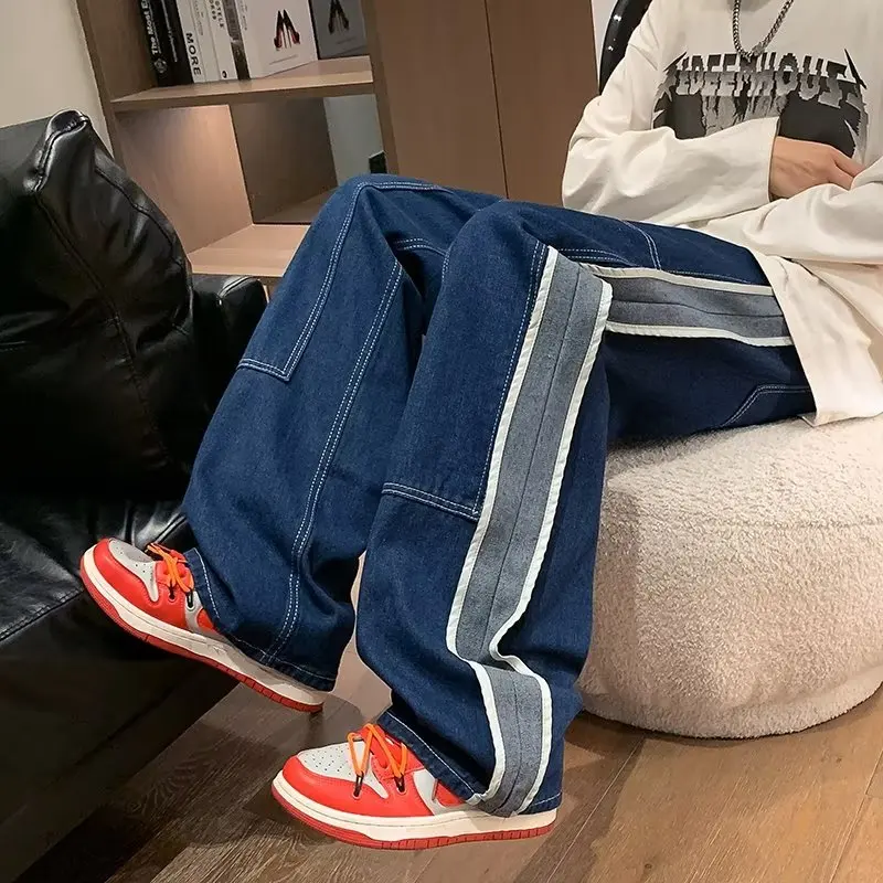 

American Retro Oversize Color Blo Men's Jeans Dstring Straight Leg Floor-Length Trousers Casual Loose Fit Youth Sle