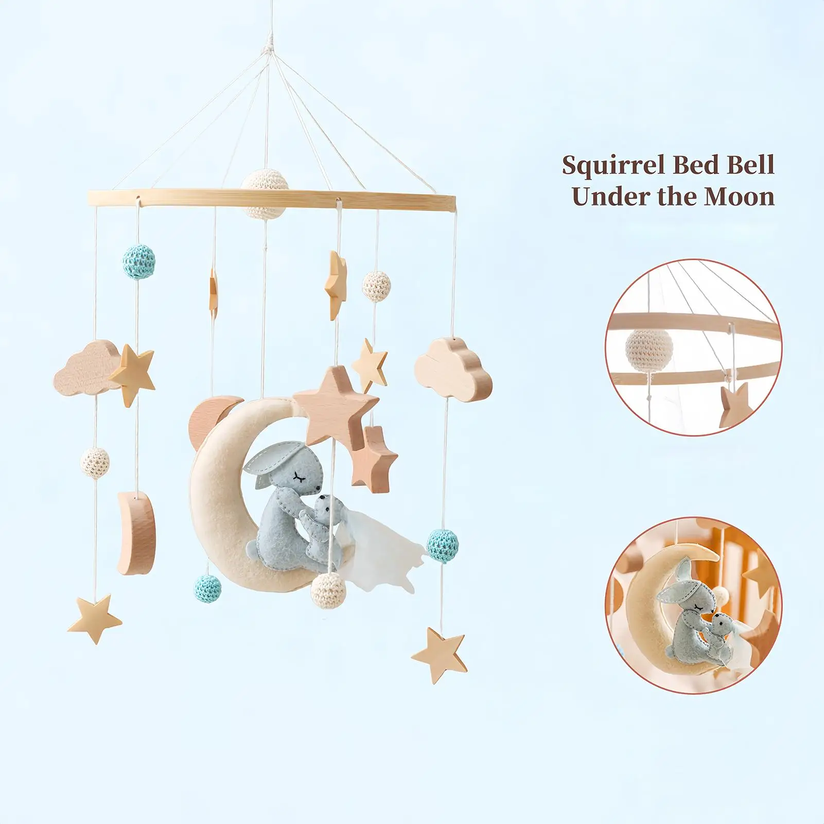 Sonajeros de madera para bebé, fieltro suave, oso de dibujos animados, estrella nublada, Luna, cama colgante, campana, cuna móvil, juguetes educativos Montessori, regalos