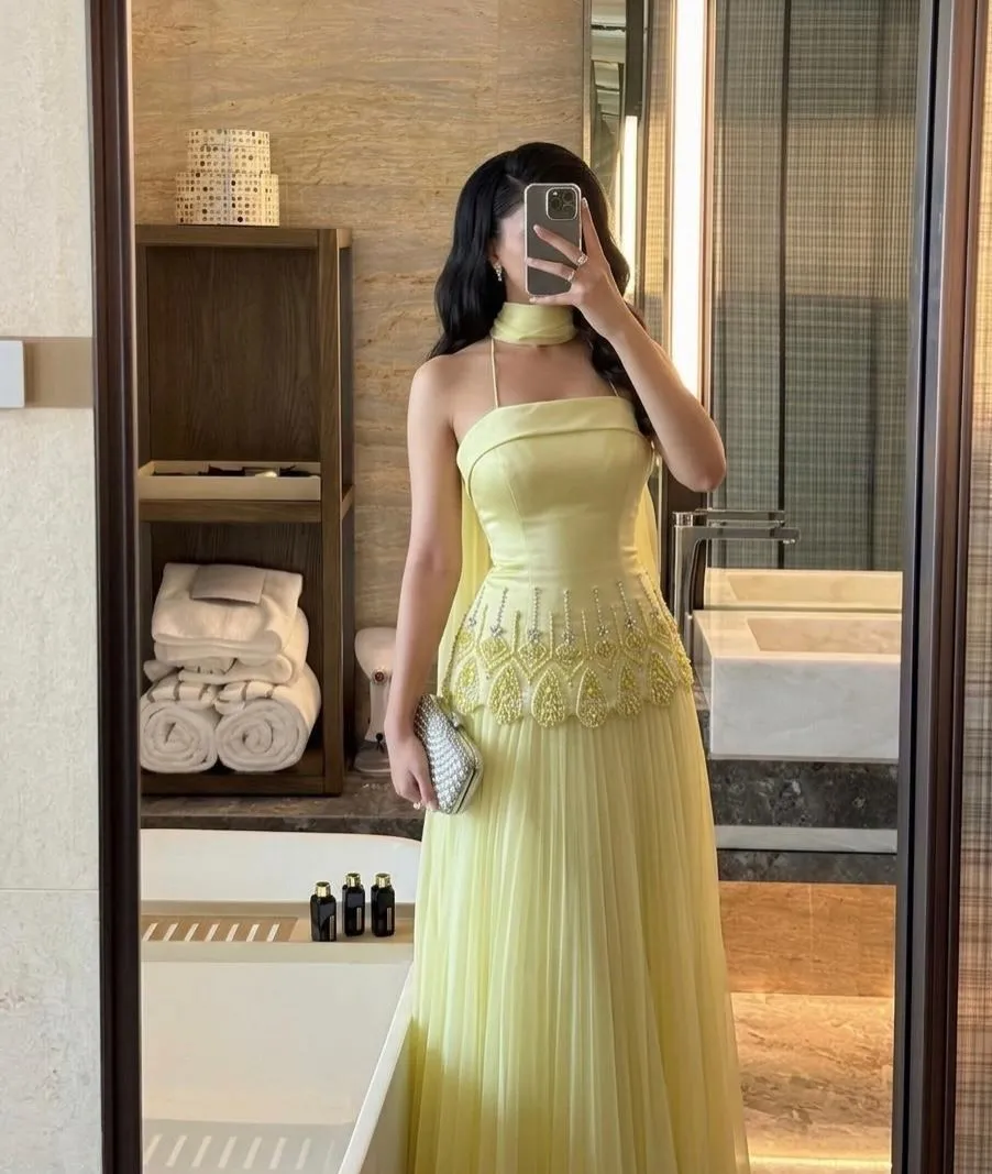 

Luxury Yellow Beads Elegant A-Line Evening Dress Sexy Strapless Formal Party Gown Exquisite Stylish Customized High Quality