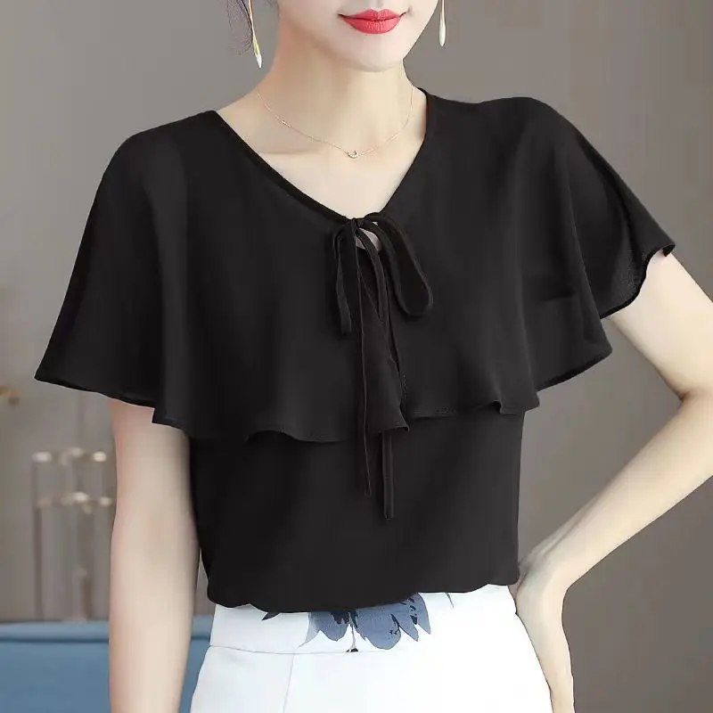 Elegant V-Neck Ruffles Lace Up Bow Oversized Chiffon Blouse 2022 Summer New Casual Pullovers Loose Commute Women\'s Clothing Shir