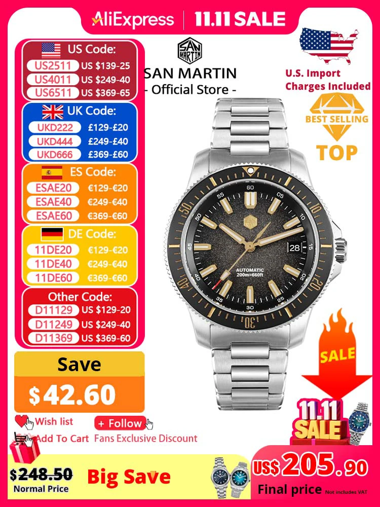 

San Martin 2025 New Upgraded Version 40mm Dive Watch Men Original Design NH35 Automatic Mechanical Waterproof 200m SN0118