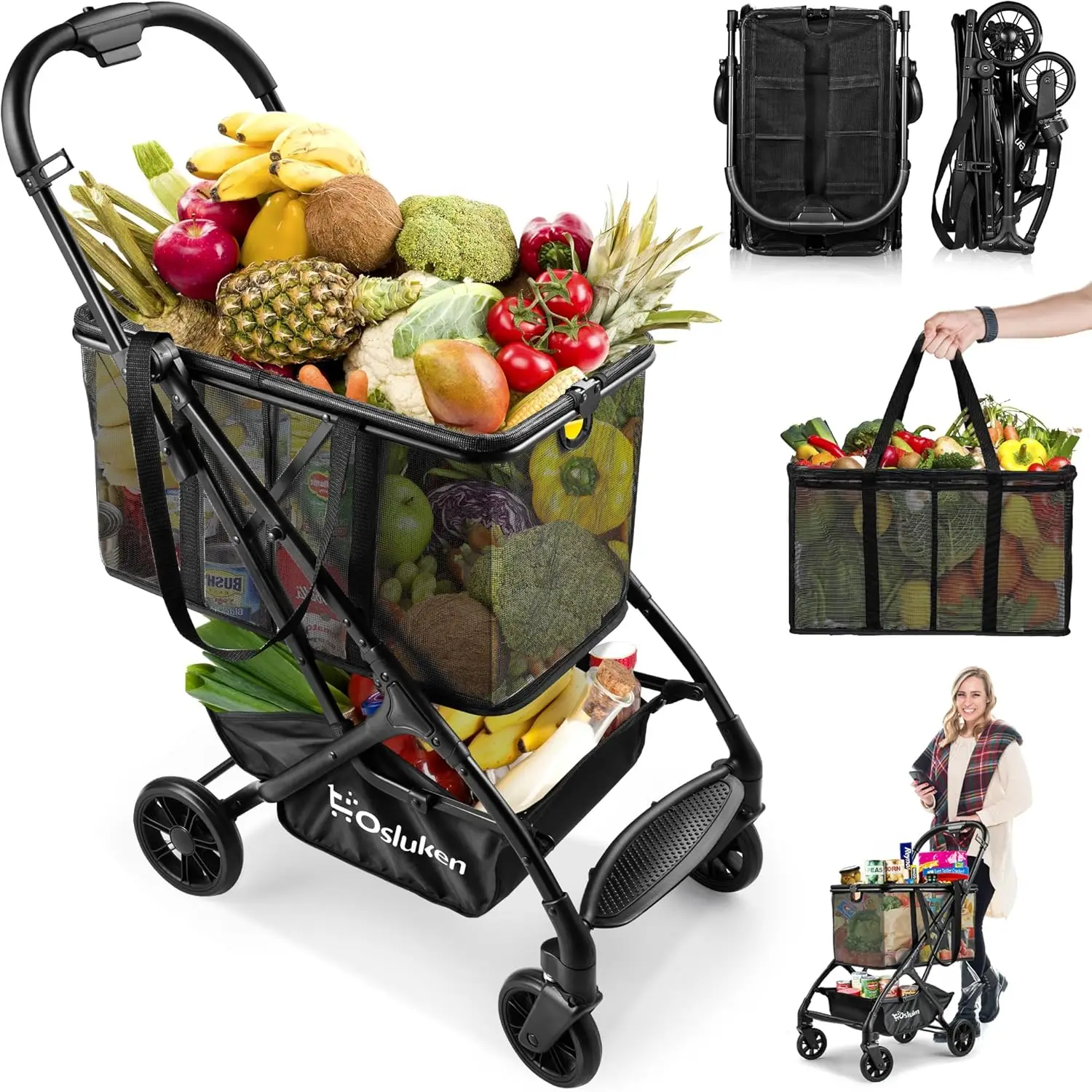 Grocery Cart, 75Lbs Collapsible Utility Cart with Removable Basket & Universal Wheels, Compact Lightweight Portable Personal Sho