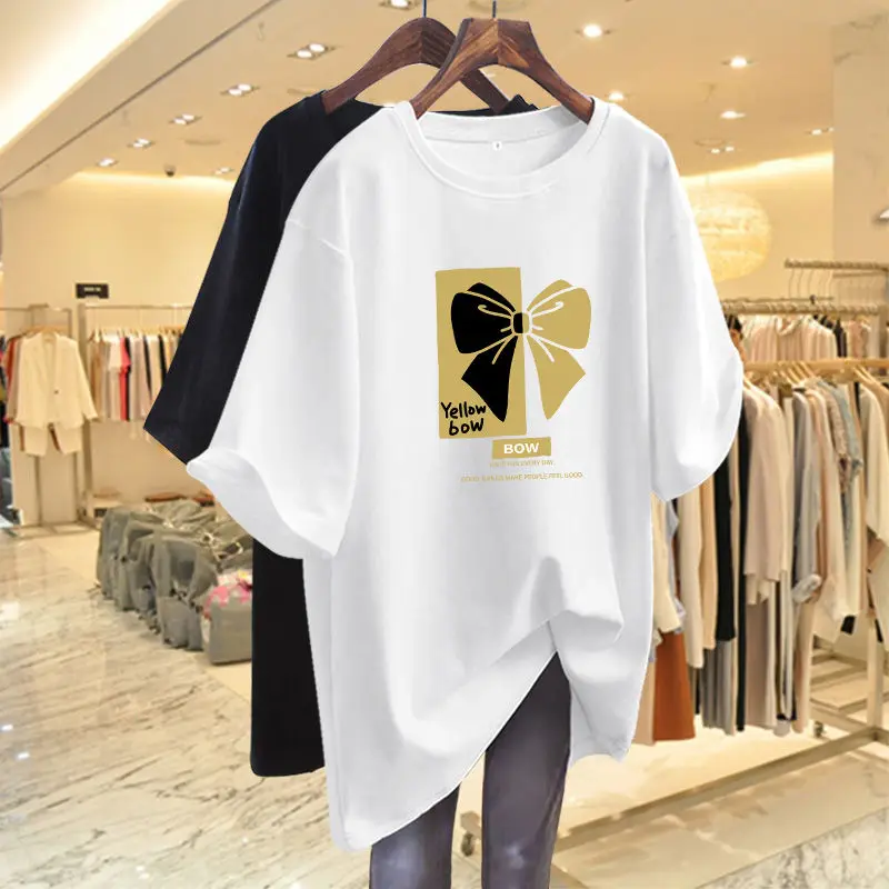 

Women Clothing Cartoon Bow Short Sleeve Top Tee, Summer 100% Cotton Vintage Basic T-shirt, Casual Loose O-neck Pullovers