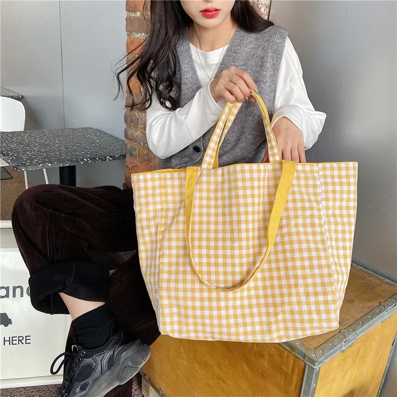 Simple Plaid Women Double Side Shoulder Bag Student Female Casual Tote Handbags Large Capacity Ladies Eco Reusable Shopping Bags