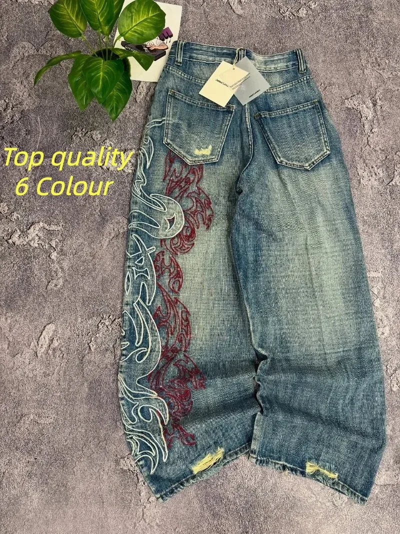 

Y2K мешковатые джинсы с американским новым узором и вышивкой, мужские уличные винтажные модные повседневные широкие брюки в стиле хип-хоп для пар