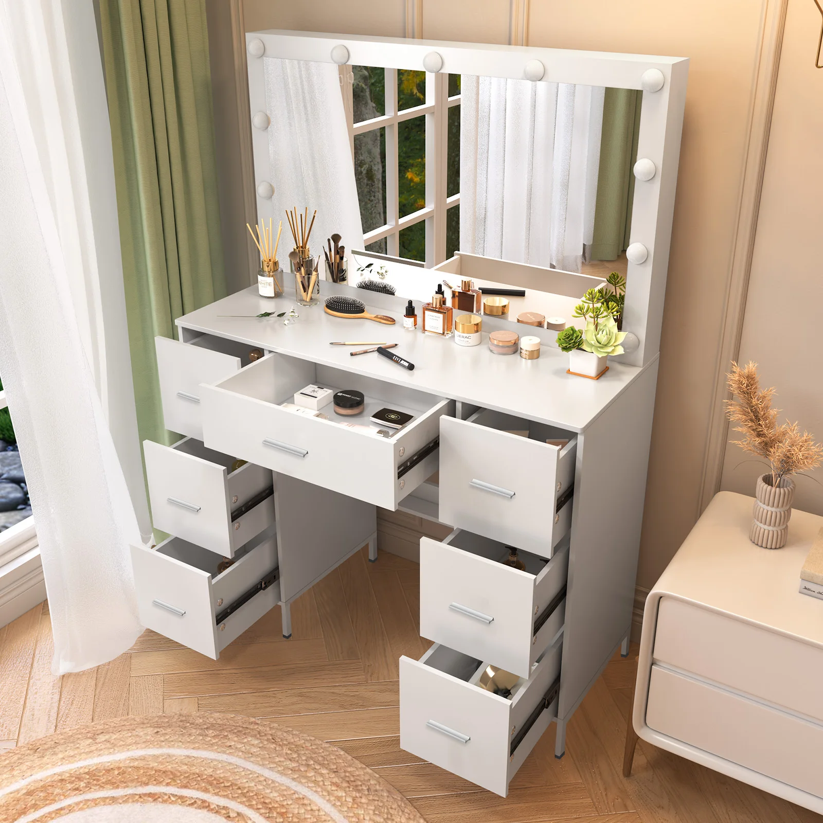 화이트 할리우드 화장대 세트, 11개 LED 조명 거울 - Drawer Dresser White 리뷰 및 가격