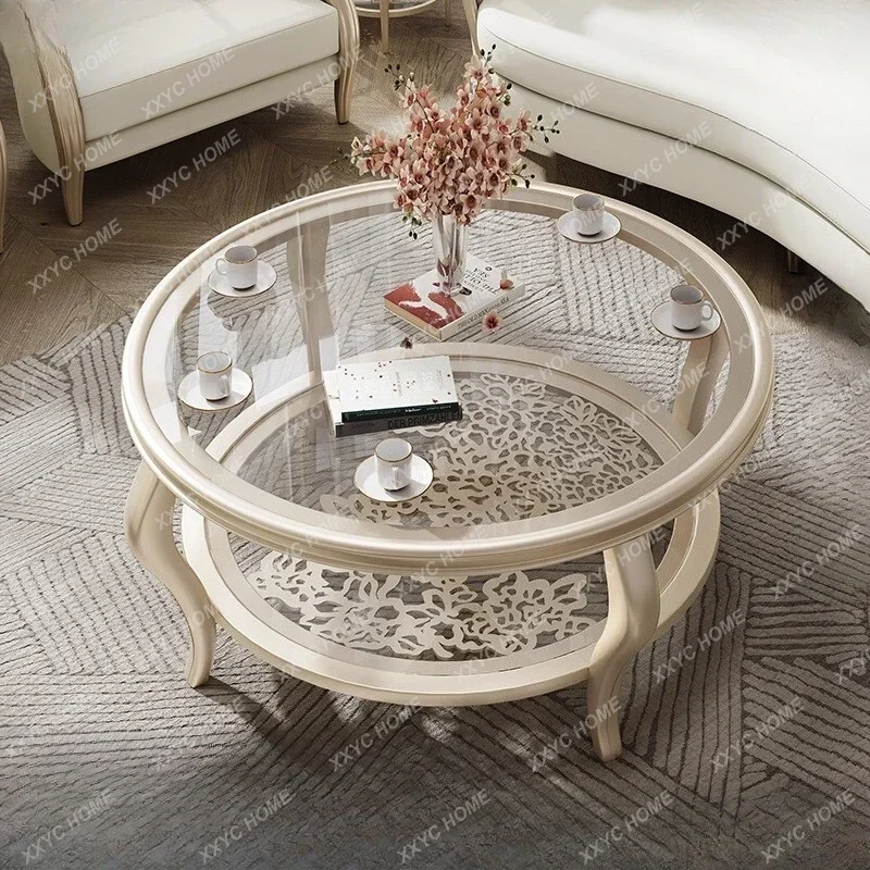 AASimple small apartment creative tempered glass round solid wood coffee table
