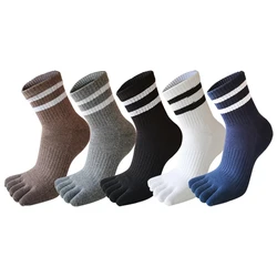 Calcetines deportivos de compresión para hombre, medias cortas de algodón grueso con rayas blancas y negras, elásticas, de 5 dedos, para correr al aire libre, lote de 5 pares