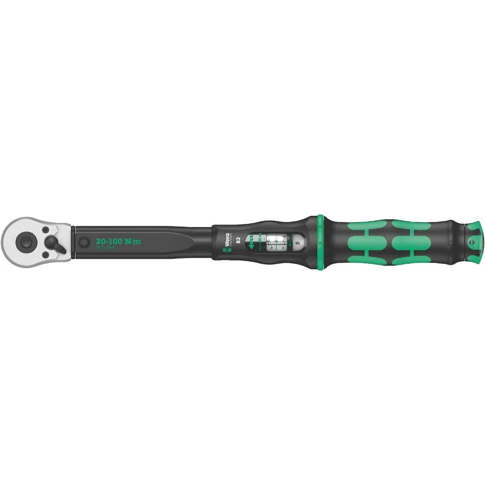 Wera 5075611001 Llave dinamométrica de trinquete reversible Click-Torque B2, accionamiento 3/8, alcance de 20-100 Nm, negro y verde
