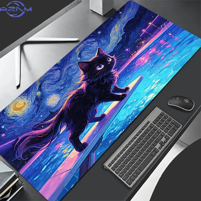 Starry Night Black Cat Oil Painting Mousepad Rubber Non-Slip Large Desk Mat Blue Starry Sky Water Ripple Keyboard Pad for Gaming
