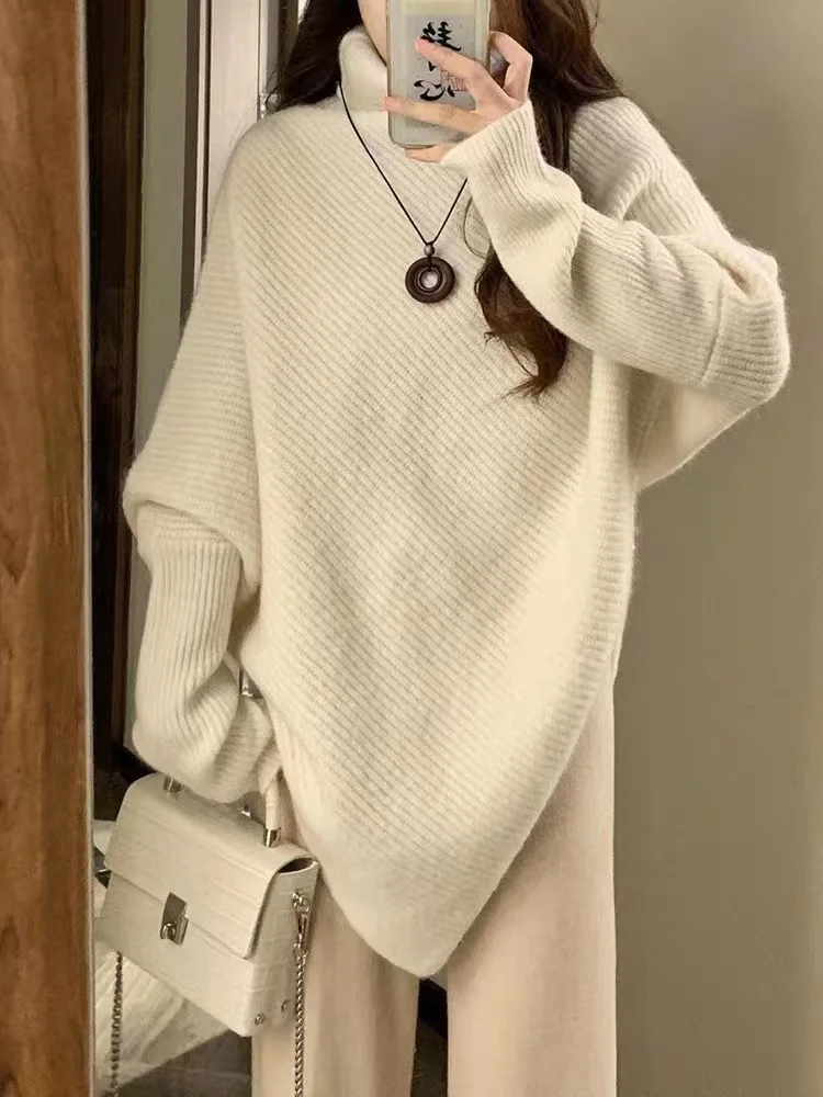 High Neck Knit Pullovers Women Fall Winter Korean Casual Loose Asymmetric Long Sleeve Sweater Tops 4 Colors