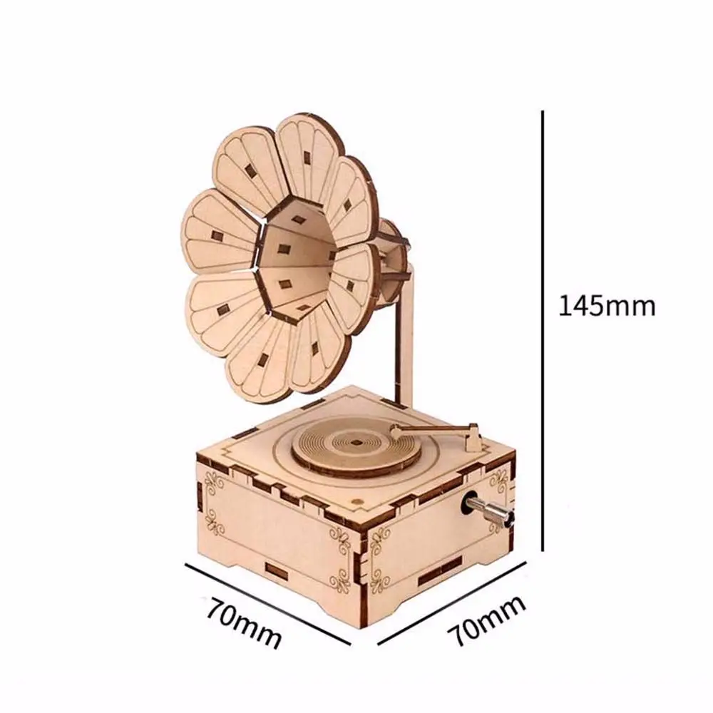 Handmade Creative Kits Toys Sounding Music Box Carving Mechanical Wooden Puzzle 3D Puzzle Gramophone Model Assembling Toy