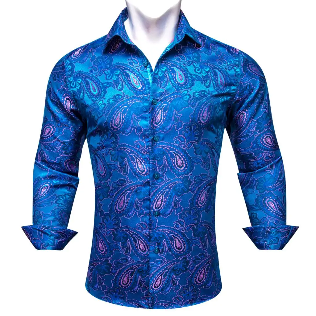 Camicie blu di lusso per uomo camicette maschili Slim FIT a maniche lunghe con fiore Paisley ricamato in seta top Casual panno con risvolto Barry Wang