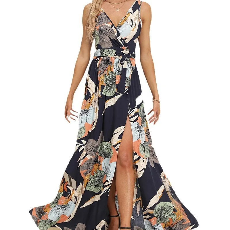 2025 feminino com decote em v sem mangas fenda impresso longo suspender vestido verão moda casual impresso cintura cinching vestido para mulher