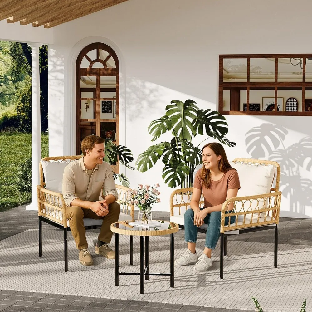 

All-Weather Wicker Rattan Bistro Patio Furniture Set with Glass Table and Thick Cushions, Beige - Ideal for Balcony,