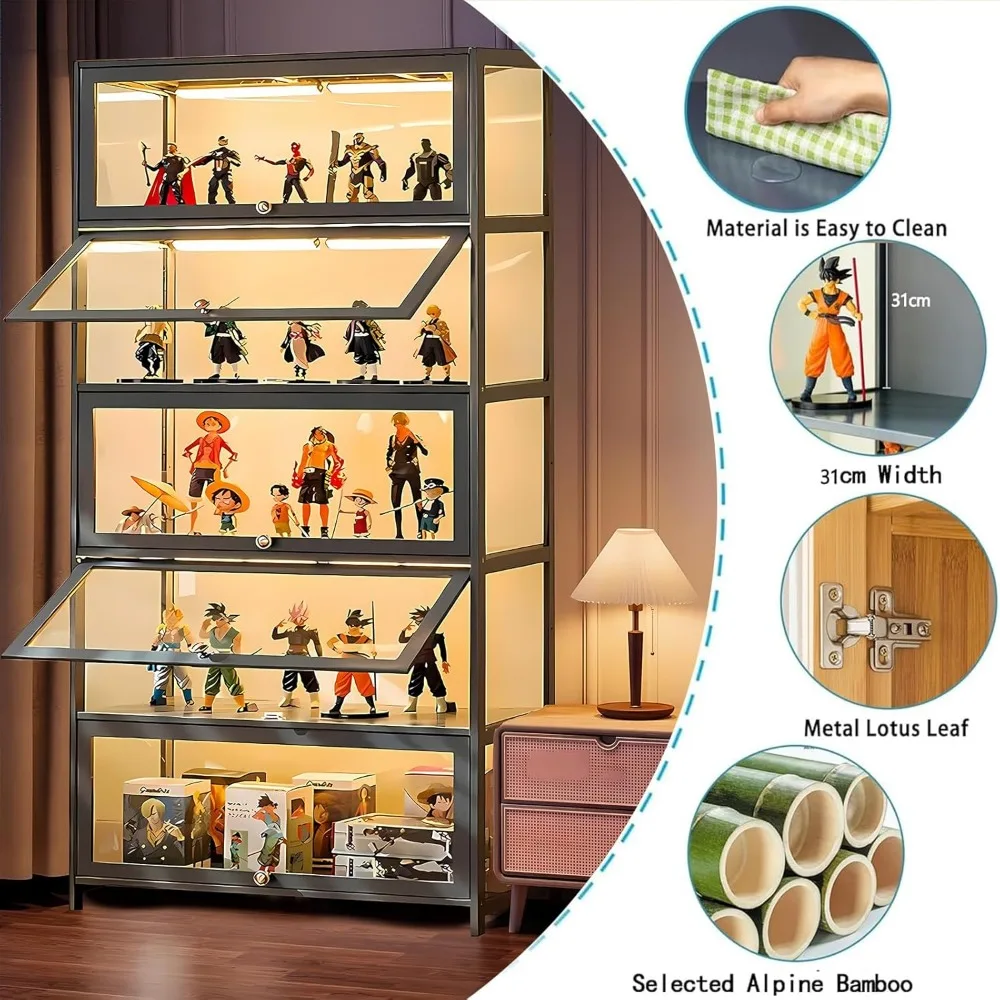 5-Tier Acrylic Glass Curio Cabinet with Adjustable Shelves for Large Storage