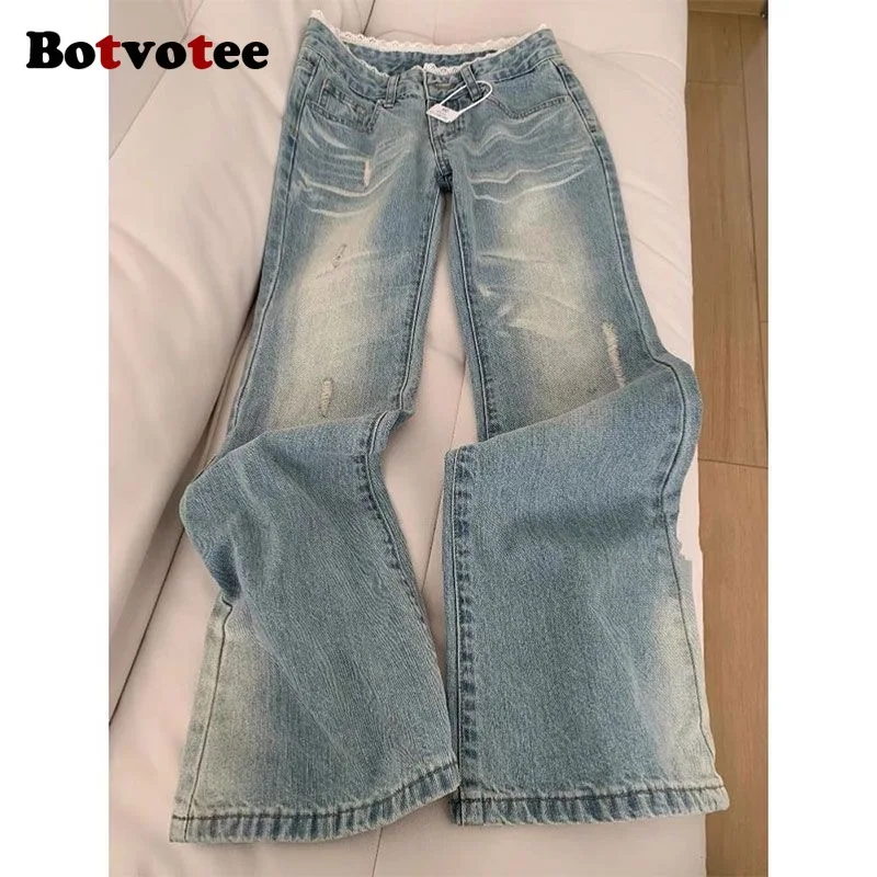Botvotee Retro Classic American Vintage Denim Jeans for Women Low Waisted Straight 1950s/1960s Inspired Jeans Light Blue Pants