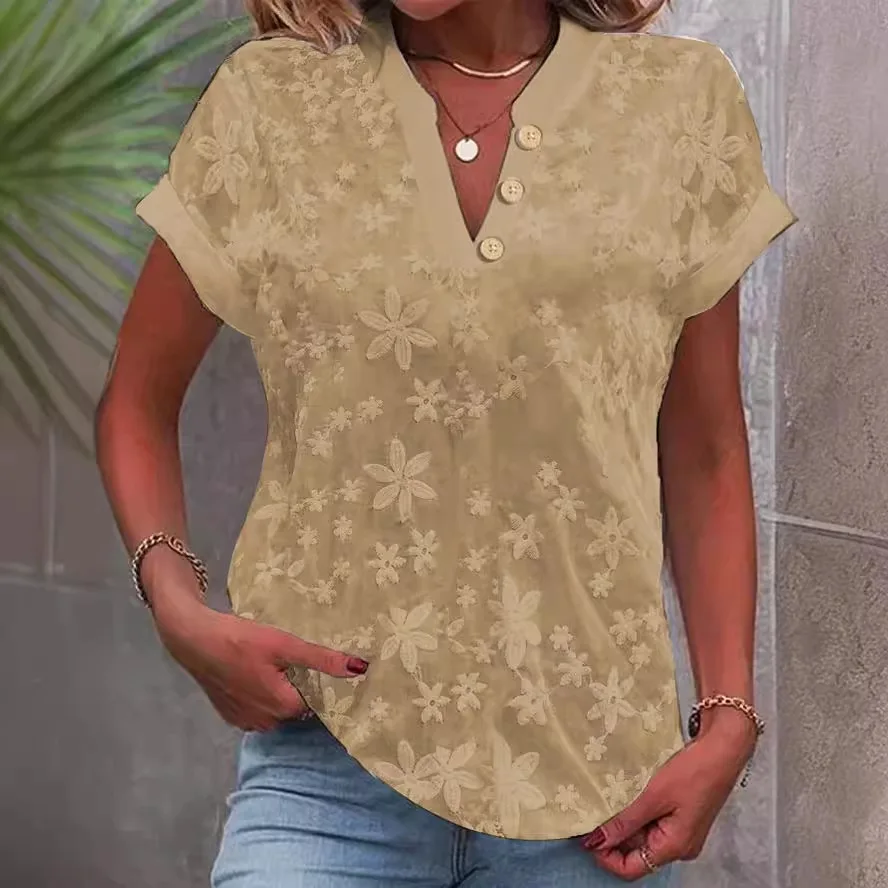 Women Floral Embroidery V Neck Short Sleeve Button Front Blouse Casual Summer Top