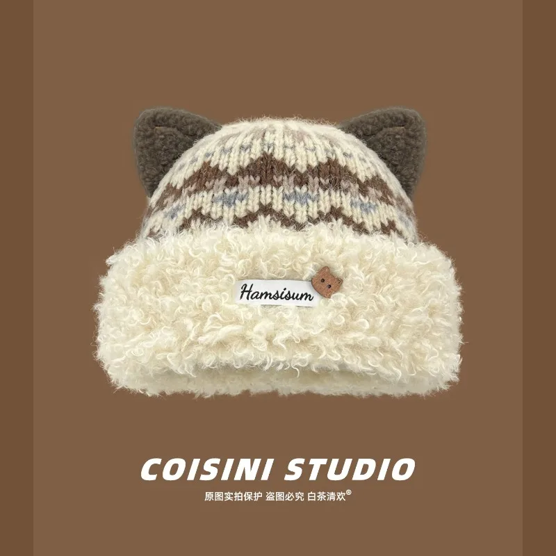 Women‘s Beanie Hat with Cute Cat Ears Fair Isle Jacquard Winter Hat Fuzzy Fleece Cuffed Warm Soft Knitted Cap Fashion Streetwear