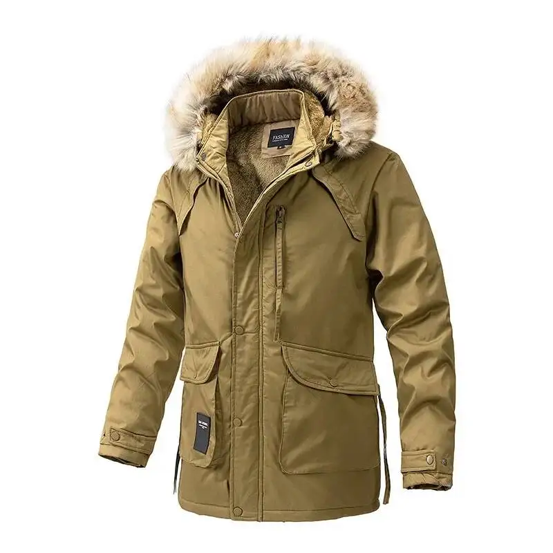 Men's Winter Long Cotton Jacket Hood Outdoor Warmth Fleece Pocket Middle-Length Coat With Fur Collar Casual Loose Fit