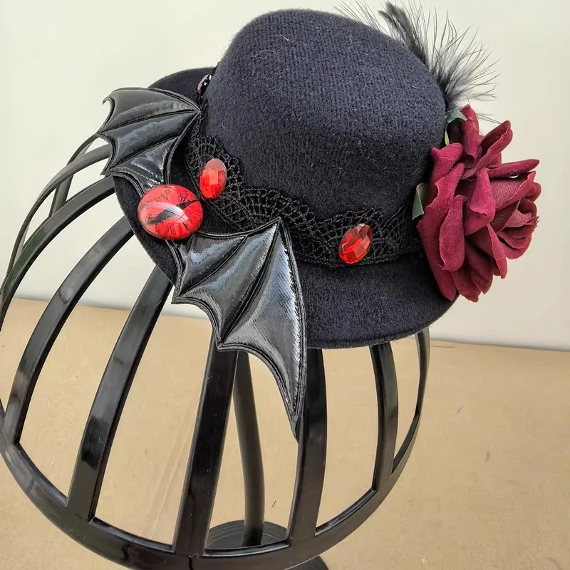 Gothic dark-themed queen bat demon with eye roses  small hat performance party accessory view 4
