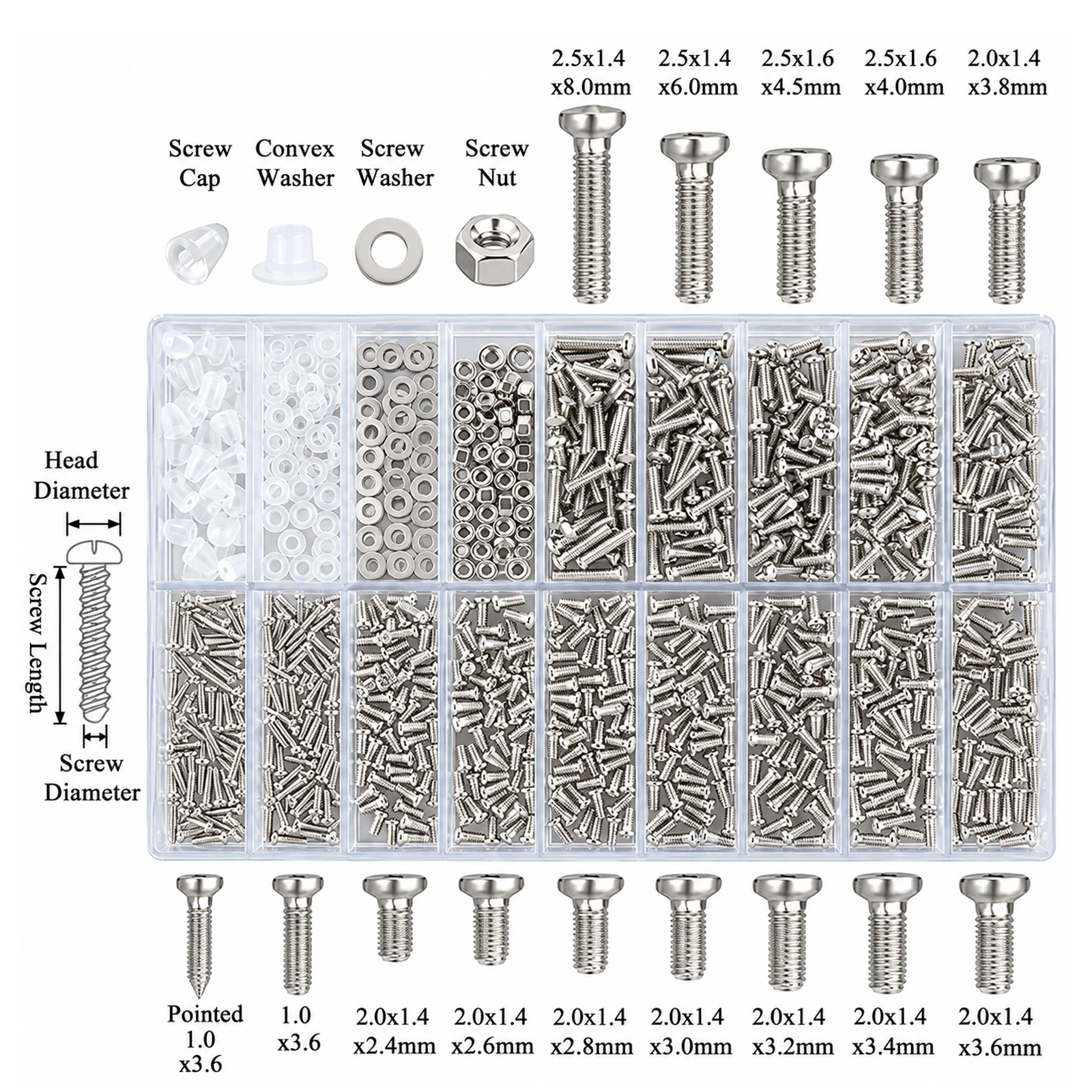 1000PCS Eyeglass Repair Screws & Nuts Assortment, Micro Screws for Sunglasses, Electronics, Watches & Clocks, Stainless Steel
